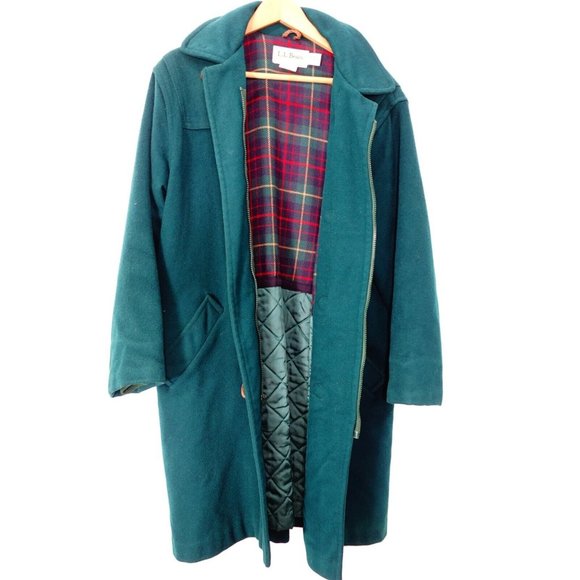 VINTAGE LL Bean Coat Women 12 Wool Green Toggle Plaid Lining Jacket LARGE USA - Picture 3 of 14